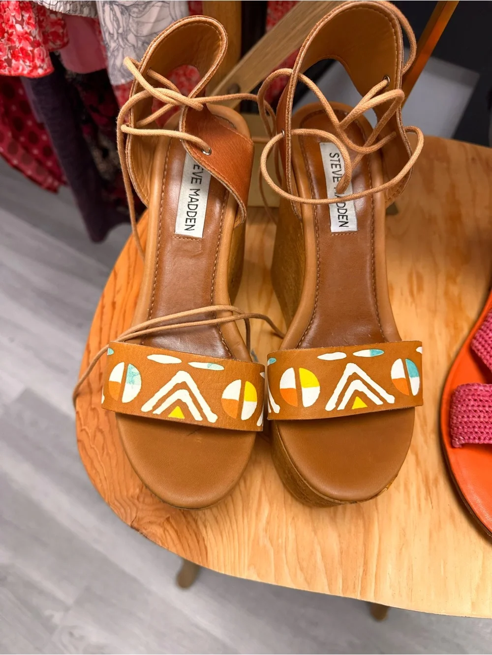 Steve Madden Brown Cork Platform Lace-Up Wedge Sandals with Painted Accents S 7